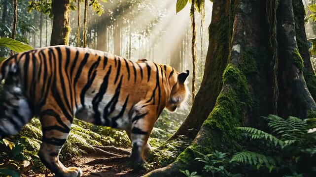 Powerful tiger walking through lush tropical rainforest with sunlight streaming through trees