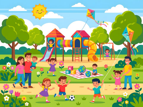 Joyful children and happy families enjoying a vibrant day outdoors, playing on the playground, flying kites, and having a picnic in a sunny park