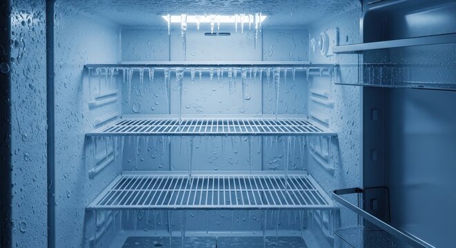 Inside of an empty and heavily defrosted refrigerator or freezer with abundant ice formations and water droplets, suggesting a malfunction or a need for maintenance.