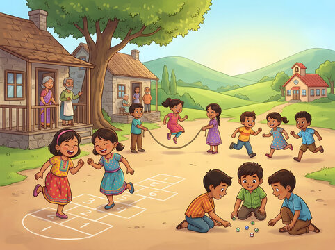 Children playing traditional games like hopscotch and marbles in a vibrant village setting, evoking childhood joy and community