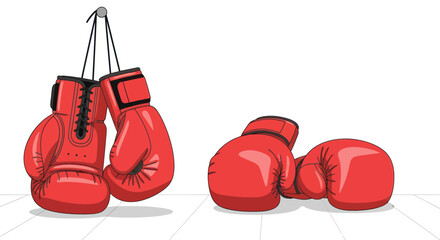 Red Boxing Gloves Hanging and Lying Down on White Background © ifin