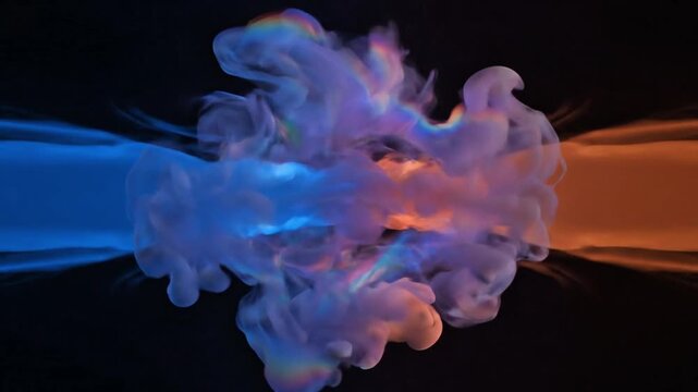Vibrant blue and orange smoke streams collide in a dramatic, swirling cloud against a dark background, creating an abstract visual effect.