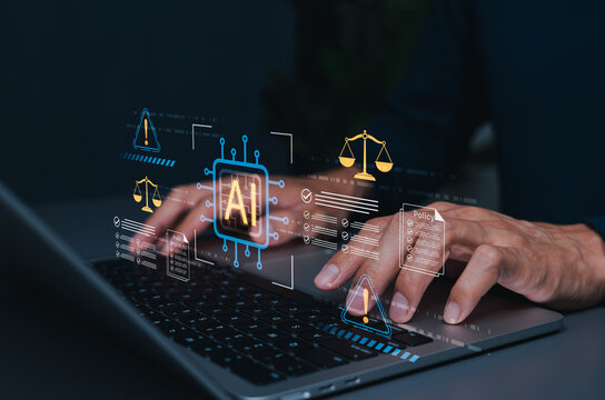 AI governance and digital law compliance concept. Lawyer hands typing on laptop to audit artificial intelligence algorithmic ethics rules policy guidelines and risk warning icons. regulatory control