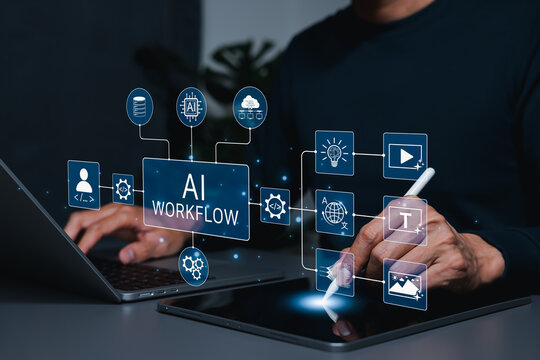 AI Workflow Automation for Generative Content and Digital Tools. virtual automation icons for artificial intelligence, content creation, coding, translation, video, image, data, digital productivity