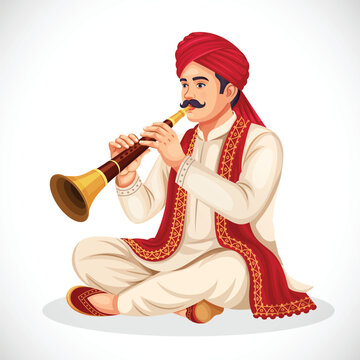 Indian ethnic musician playing the Shehnai -  Hindu Wedding Ceremony Vector Art. Perfect for wedding invitation cards