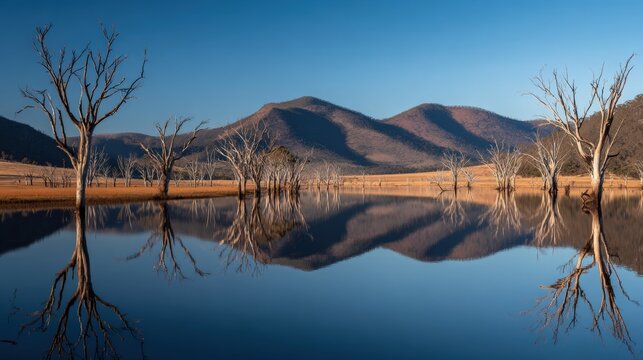 Dead trees reflected in a calm lake.