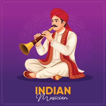 Indian musicians playing traditional musical instrument Shehnai. Wedding card character for a traditional indian wedding card