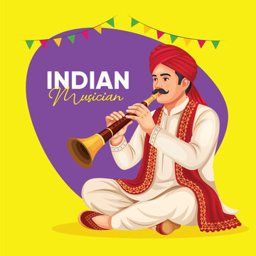 An Indian ethnic musician dressed in traditional attire playing Shehnai. Hindu Wedding Ceremony background design for wedding invitations