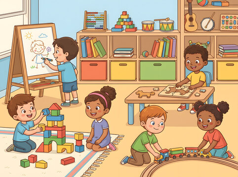 Children playing and learning in a bright and colorful classroom with educational toys and activities