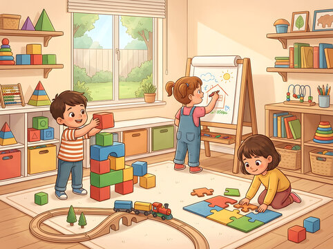 Children enjoying playtime and learning activities in a vibrant and engaging daycare or kindergarten classroom setting, fostering creativity and development through toys and games