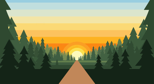 A serene forest path leads towards a vibrant sunset with layered trees