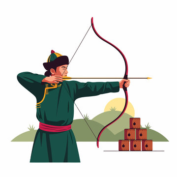 Mongolian archer in traditional deel aiming with bow and arrow.