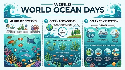 Naklejka premium Colorful Ocean Life Infographic Showing Marine Biodiversity Ocean Ecosystems and Conservation