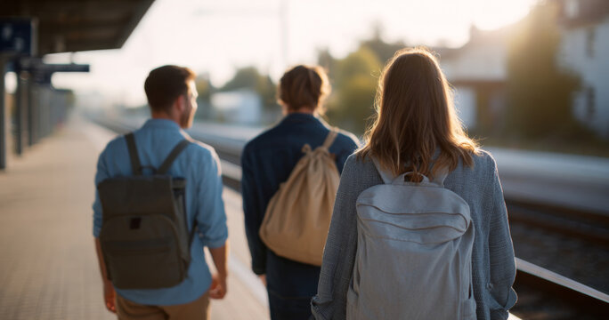 Young adults walking at train station platform