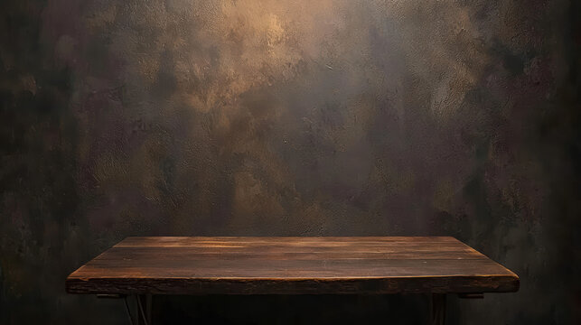 A rustic dark wooden table stands against a textured brown and gold backdrop creating a perfect setting for product photography or artistic composition.