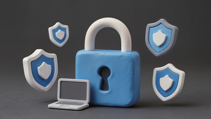 Fototapeta premium Cybersecurity concept with lock, laptop, and protective shields