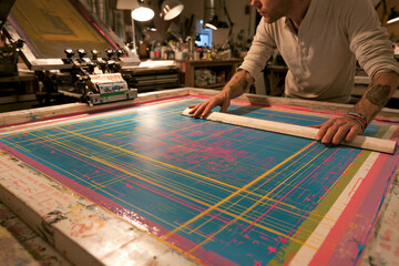 Fototapeta premium Screen Printing Studio: The Artistic Process of Textile Printing and Design