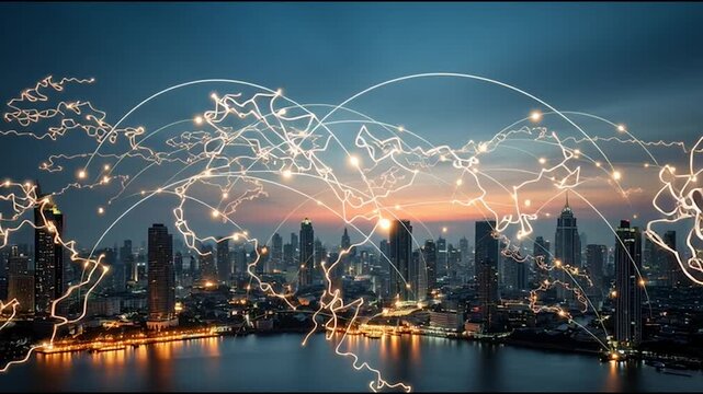 Smart Innovation city with connection cyber security network reciprocity over the cityscape . future wireless digital city and social media networking systems that connects people with in the city