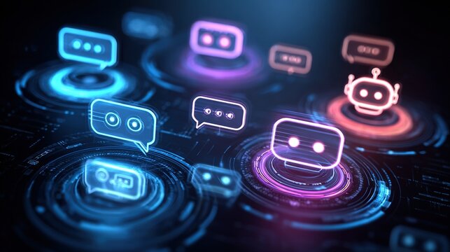 The multi-agent artificial intelligence concept, featuring a virtual chatbot icon and automated workflows, represents intelligent system collaboration and digital business transformation.