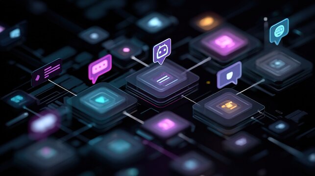 The multi-agent artificial intelligence concept, featuring a virtual chatbot icon and automated workflows, represents intelligent system collaboration and digital business transformation.