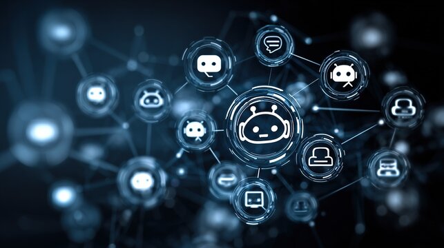 The multi-agent artificial intelligence concept, featuring a virtual chatbot icon and automated workflows, represents intelligent system collaboration and digital business transformation.