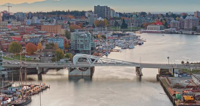 Aerial view of the waterfront and cityscape of Victoria with Johnson Bridge in British Columbia, Canada