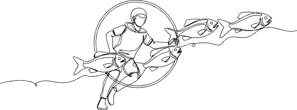Illustration of person fishing with large salmon catch.
