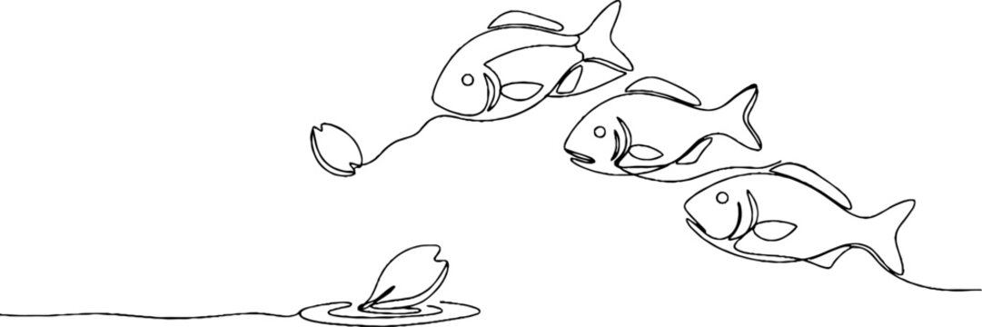 Playful cartoon fish chasing small snail underwater scene.