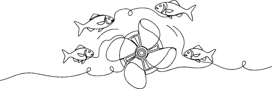Whimsical propeller surrounded by playful fish illustration.