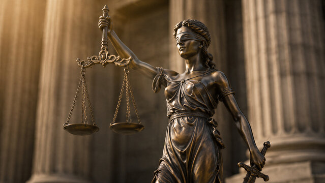 Lady justice holding scales outside courthouse with columns