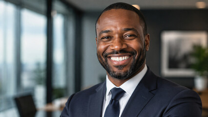 Fototapeta premium Businessman smiling confidently inside corporate office space