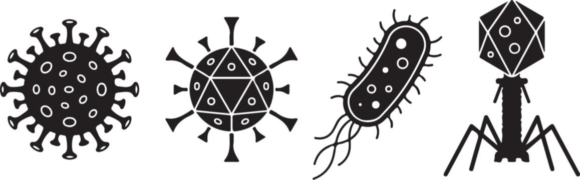 Virus icons set, bacteria vector collection, germ silhouette icons, microbe symbols, pathogen shapes, medical infection graphics, biological hazard signs, microbiology illustrations, corona virus shap