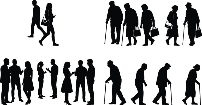 People walking and talking silhouette vector set featuring senior citizens with canes and small group conversations