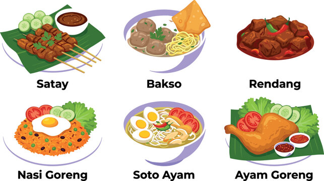 Collection of traditional Indonesian food vector illustrations with lettering featuring satay bakso rendang nasi goreng soto ayam and ayam goreng.