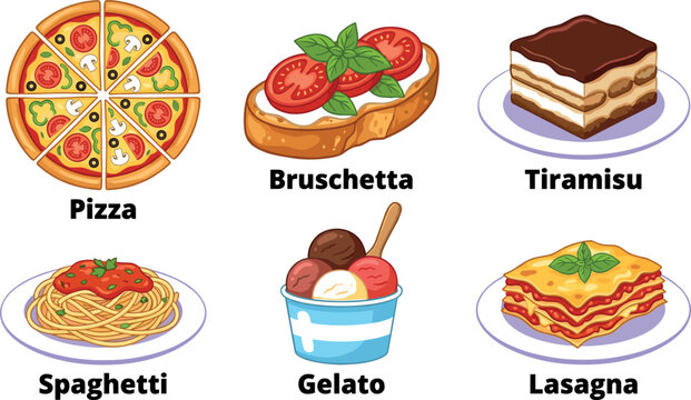 Collection of traditional Italian food vector illustrations with lettering featuring pizza bruschetta tiramisu spaghetti pasta gelato ice cream and lasagna.