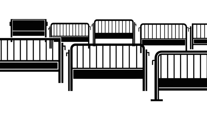 Black Crowd Barriers on White Background, Security Fencing, Event Metal Stands
