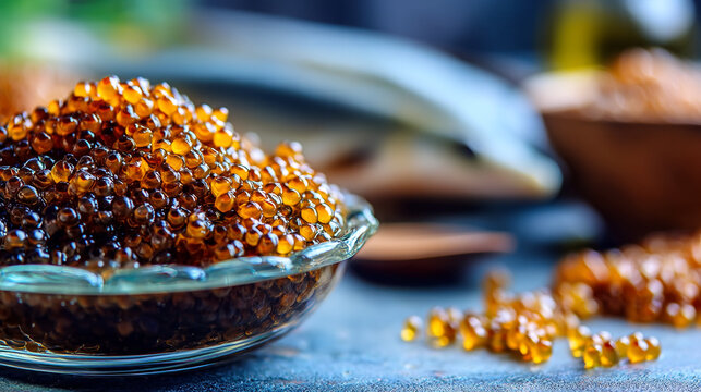 Macro shot of orange fish roe in a small glass bowl on textured surface with appetizer