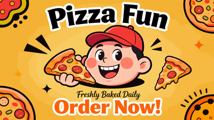 A cheerful cartoon boy with a red cap holding a slice of pizza, surrounded by whole pizzas and pizza slices, with the text "Pizza Fun" and "Order Now!" on a vibrant yellow background.