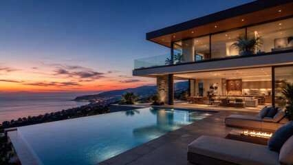 Fototapeta premium Luxury villa overlooking infinity pool on coastal hillside