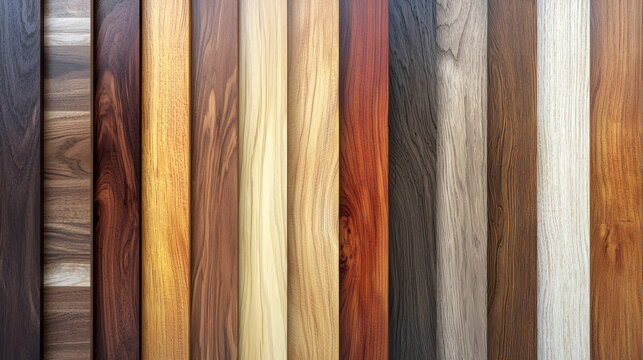A variety of wood samples are displayed in vertical planks showing different textures colors and grains in this close up architectural reference for designers.