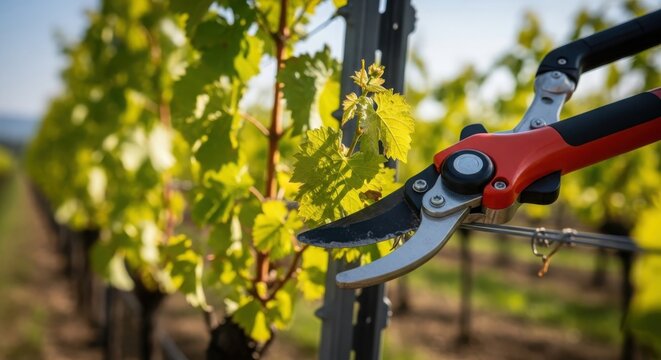Vineyard worker pruning grapevines with red and silver secateurs in lush green foliage during warm sunlight