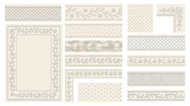 Chikankari Lucknow White Thread Embroidery Border Frame Vector Set with Shadow Work Jali Lattice Tepchi Vine Murri French Knot Phanda Bakhiya Keel Kangan and Bridal Design