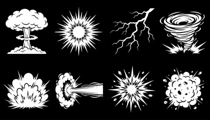 Set of comic book style explosion, blast, lightning, tornado and impact effects © Tanjir
