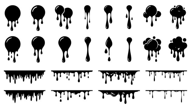 Set of black liquid drips, melting shapes, and paint drops collection of vector design elements for borders, frames, and abstract backgrounds