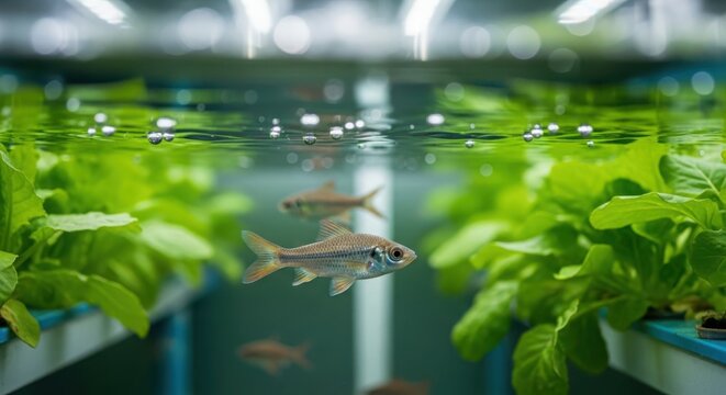 Aquatic Ecosystem With Small Freshwater Fish Swimming Amidst Lush Green Plants In A Clean Aquarium