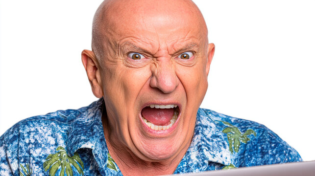 Portrait of an angry bald senior man yelling loudly in front of a laptop computer