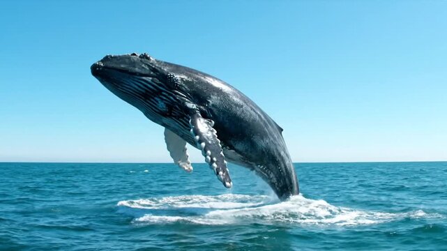 Majestic humpback whale breaching powerfully from blue ocean waters