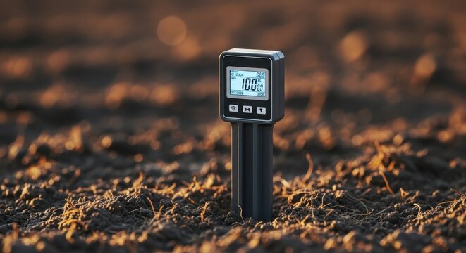 Digital Soil Moisture Meter Device Measuring Hydration Levels in Arable Land with Sunlight Bokeh