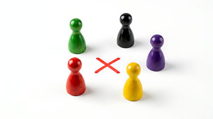 Obraz premium Game pieces in various colors stand together with one marked for exclusion on table