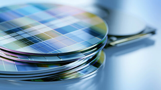 Silicon wafer stack on clean blue surface with blurred background, showing semiconductor chip production and memory chip bottleneck concept